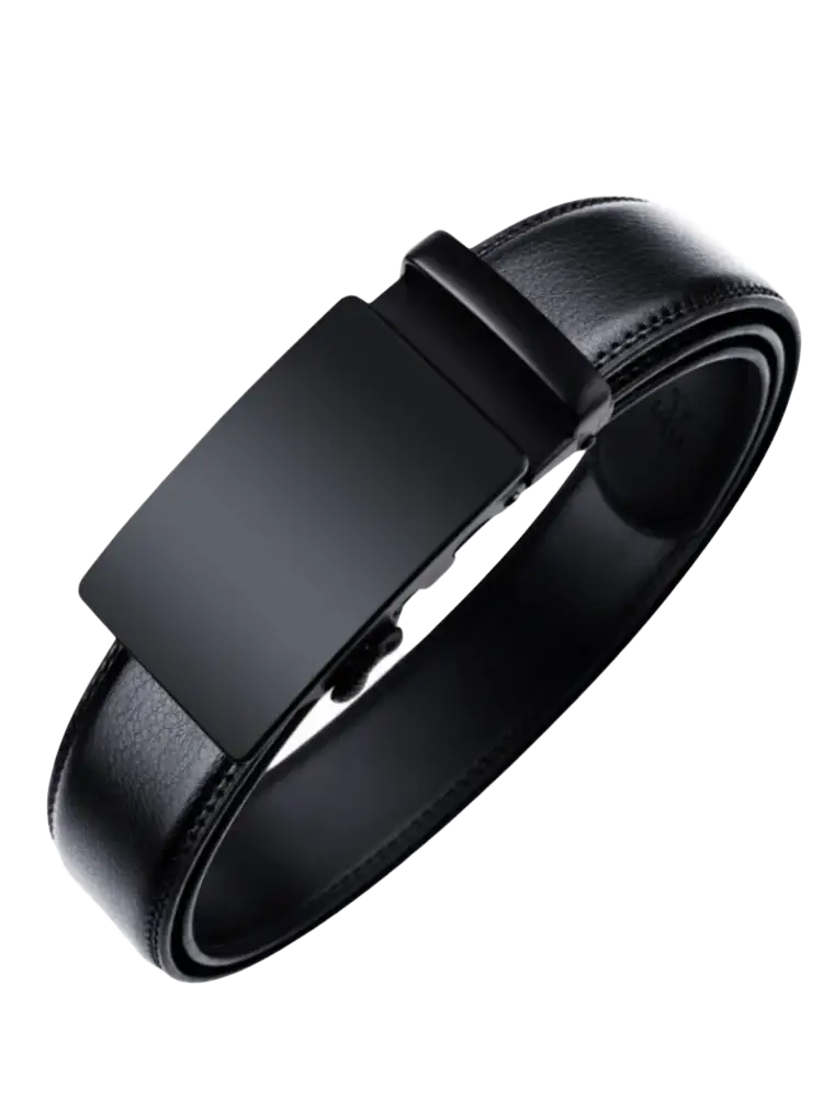 Black Oyifan ratchet leather belt for men with a smooth leather strap and sleek matte finish rectangular buckle