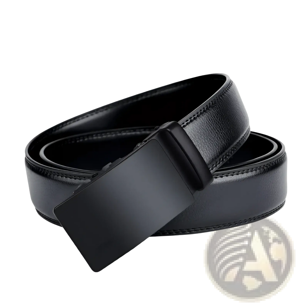 Black Oyifan ratchet leather belt for men with matte-finish rectangular buckle and stitched leather edges