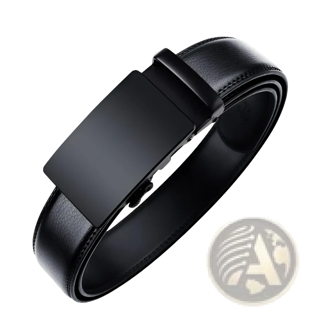 Black oyifan ratchet leather belt for men with sleek matte-finish metal buckle and stitched leather strap