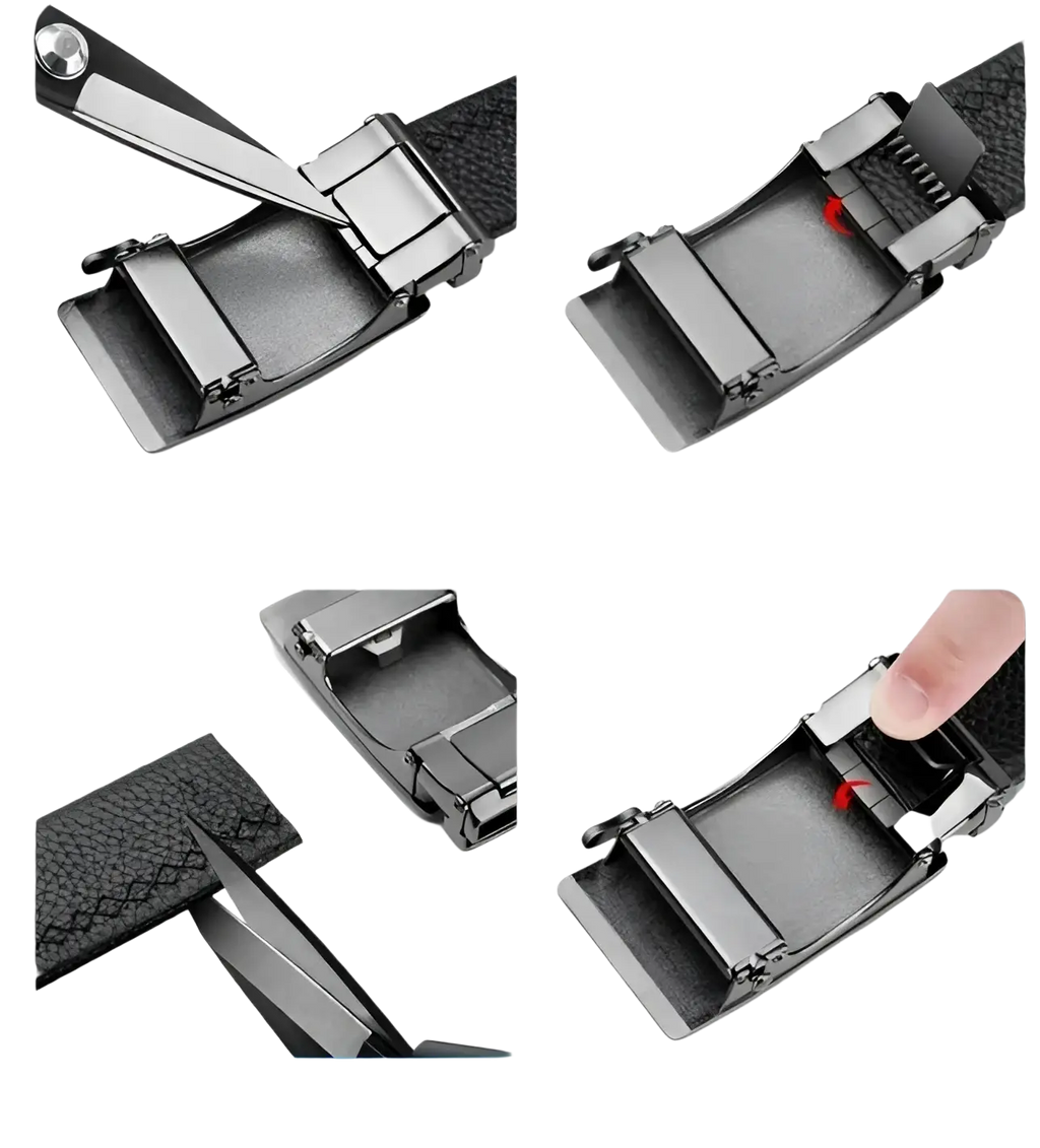 Oyifan ratchet leather belt for men in black textured leather with a matte black metal automatic buckle
