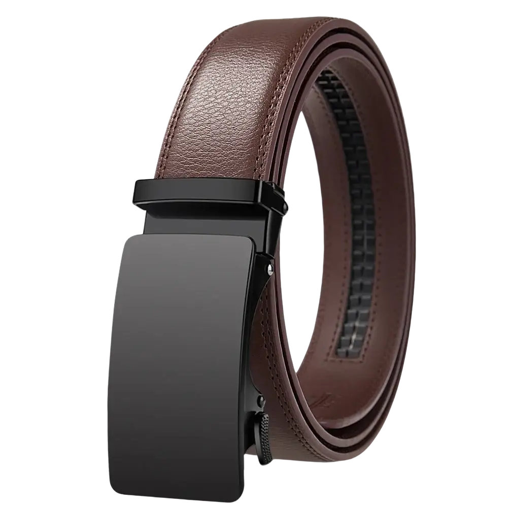 Oyifan ratchet leather belt for men featuring brown leather and a sleek black automatic buckle