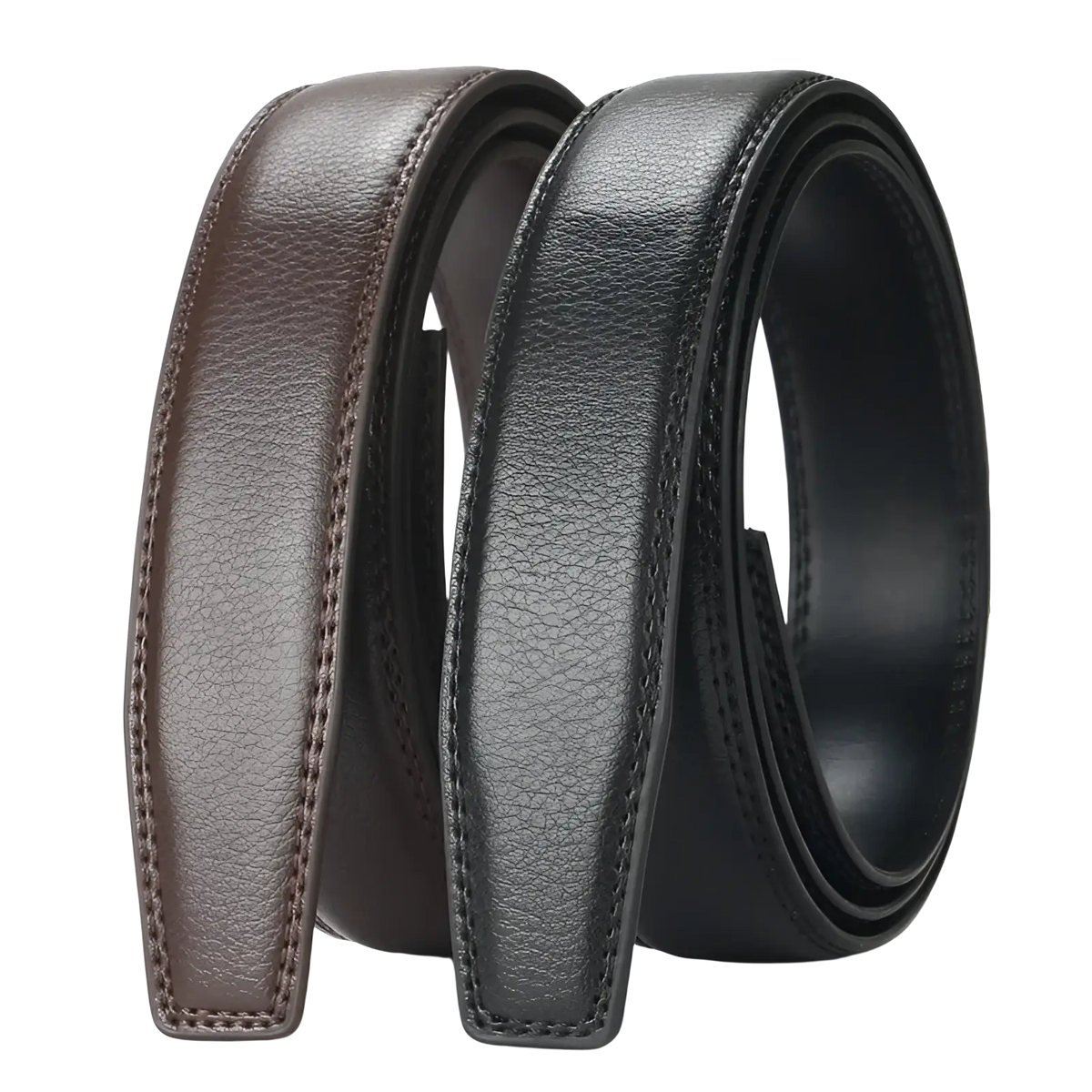 A pair of Oyifan ratchet leather belts for men in brown and black with precise edge stitching