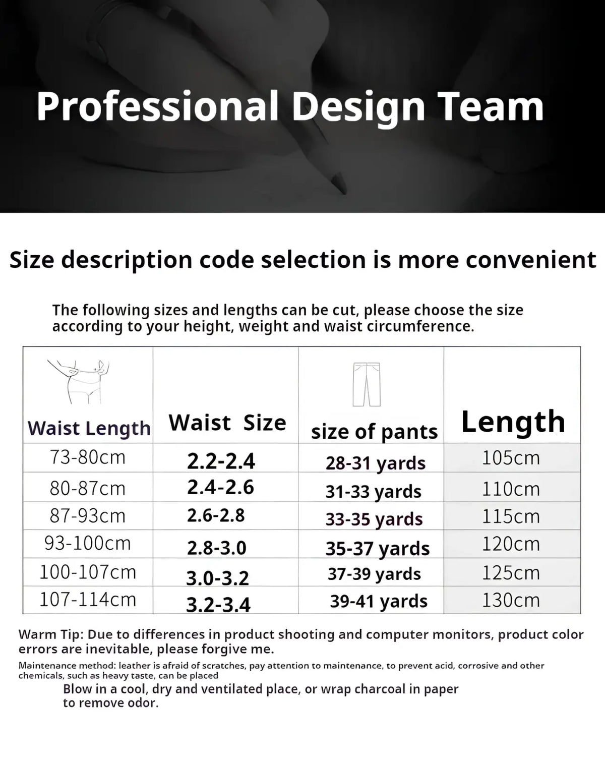 Professional design team pants size chart with waist length waist size and total length measurements shown in centimeters for oyifan ratchet leather belt for men