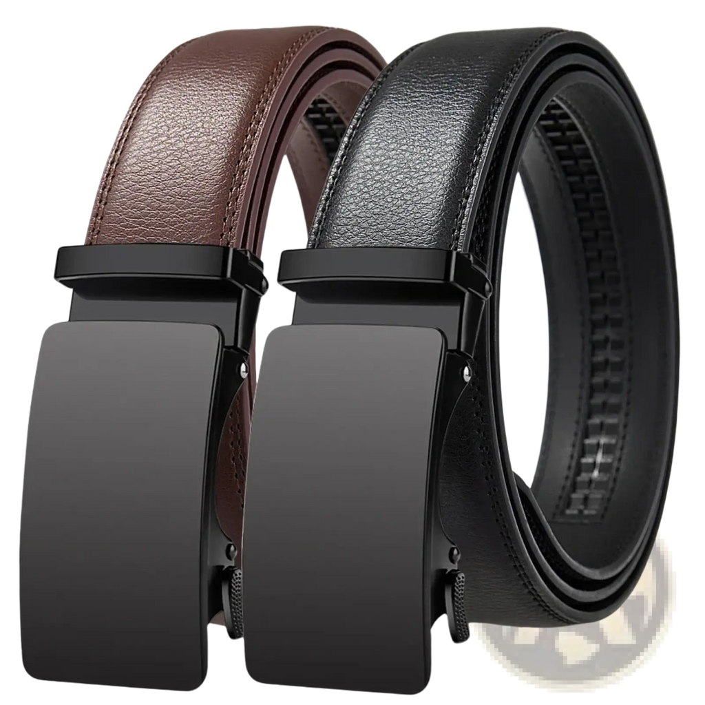 Oyifan ratchet leather belt for men featuring a sleek black and brown leather strap with a modern matte-finish automatic buckle