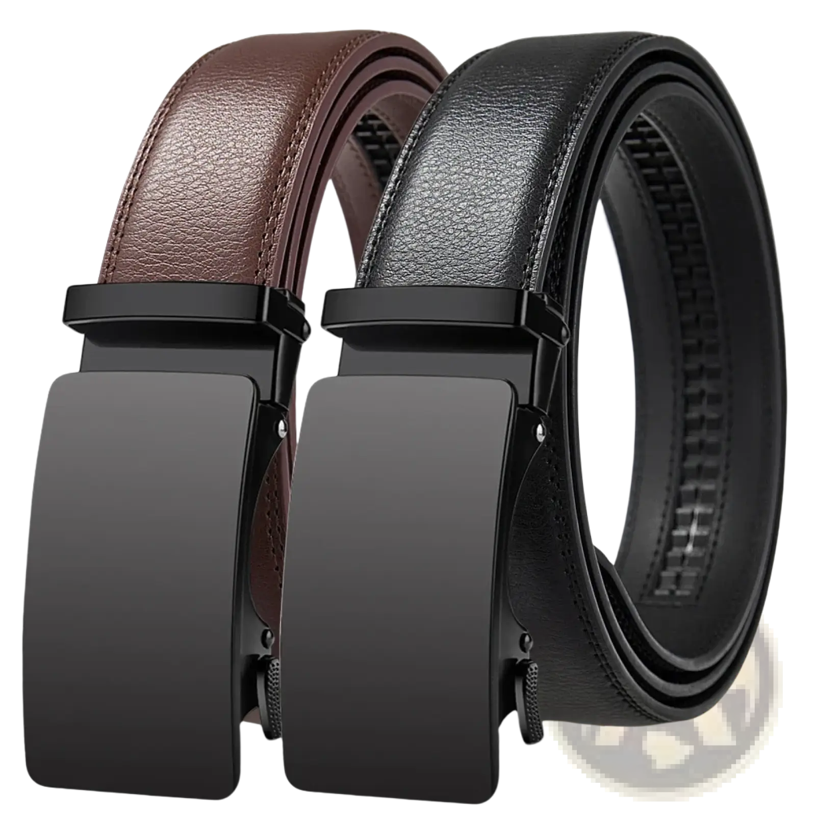 Oyifan ratchet leather belt for men featuring a sleek black and brown leather strap with a modern matte-finish automatic buckle