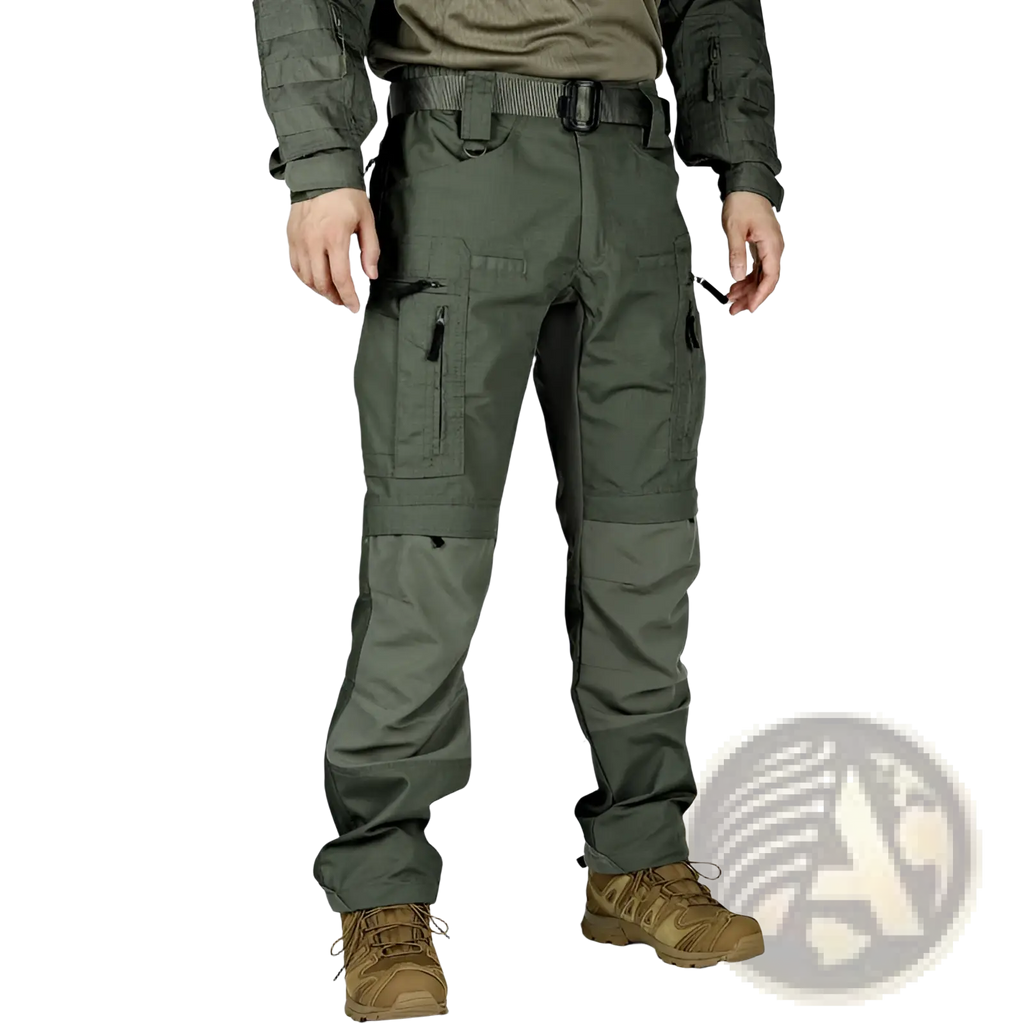 Olive green p40 tactical pants men with multiple zippered pockets and reinforced stitching for military use