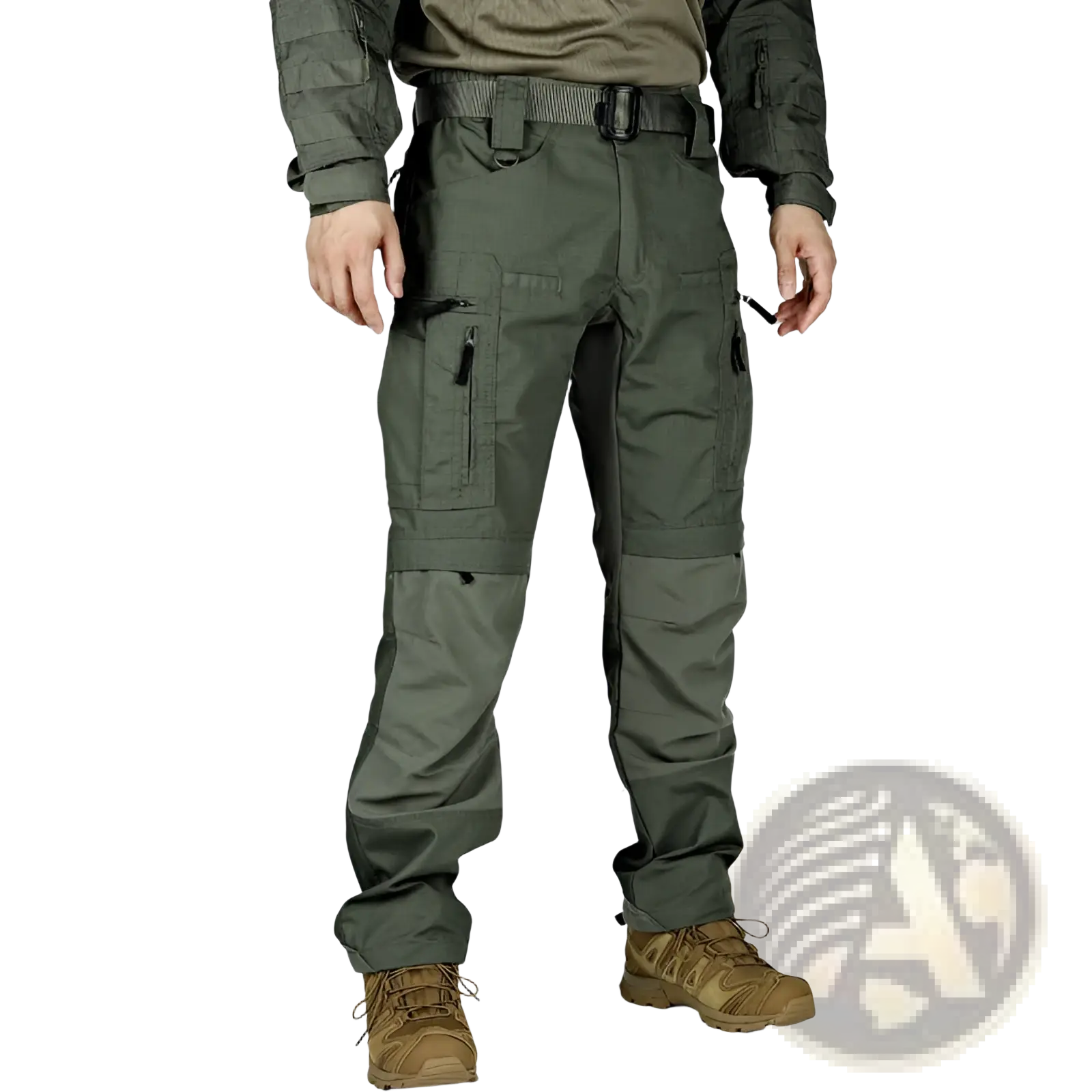 Olive green p40 tactical pants men with multiple zippered pockets and reinforced stitching for military use