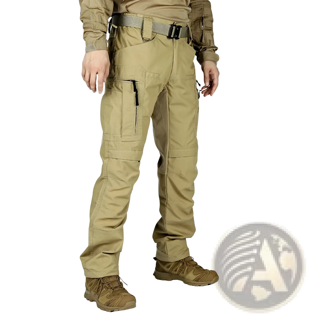 Tan tactical cargo pants with multiple pockets and durable fabric paired with matching boots for military use