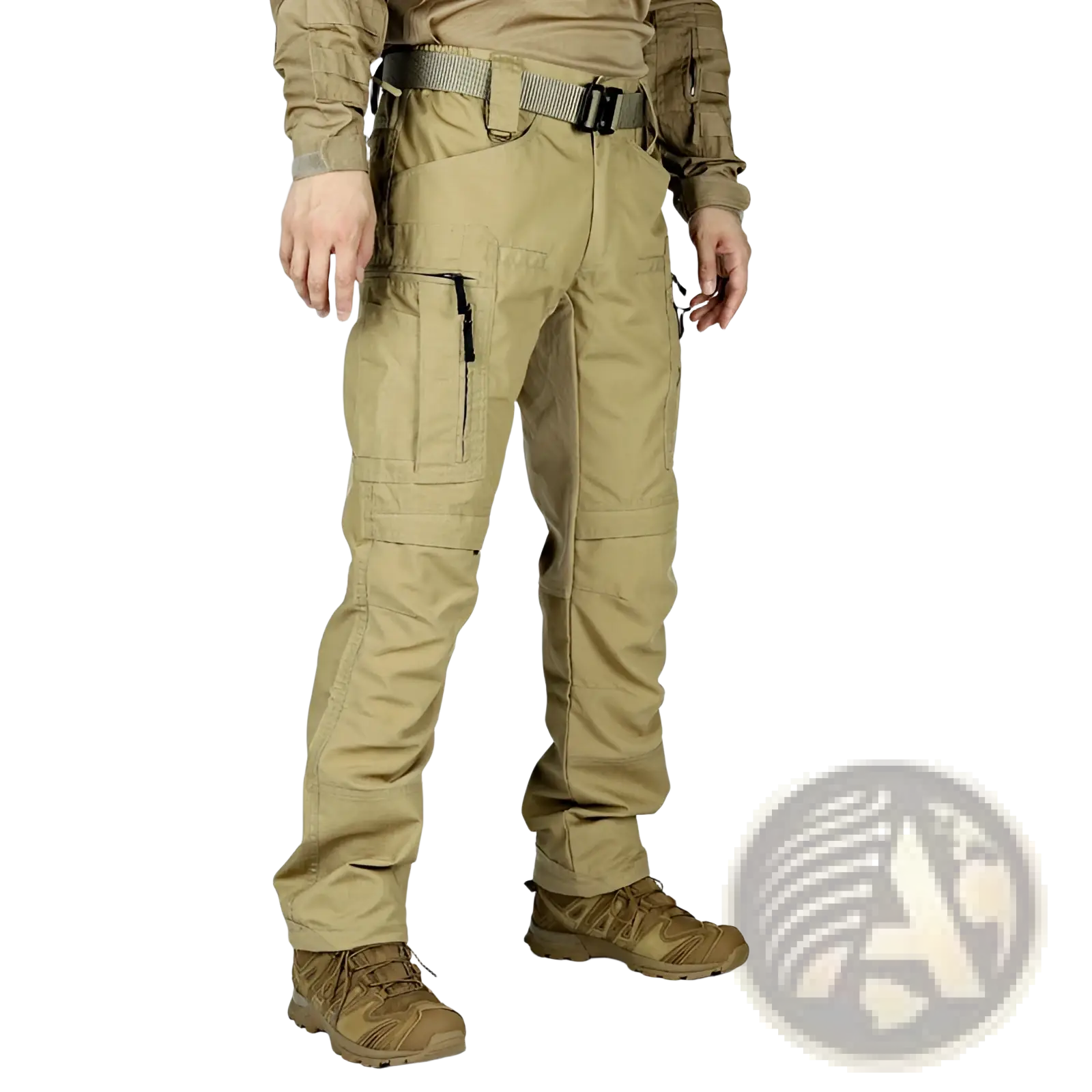Tan tactical cargo pants with multiple pockets and durable fabric paired with matching boots for military use