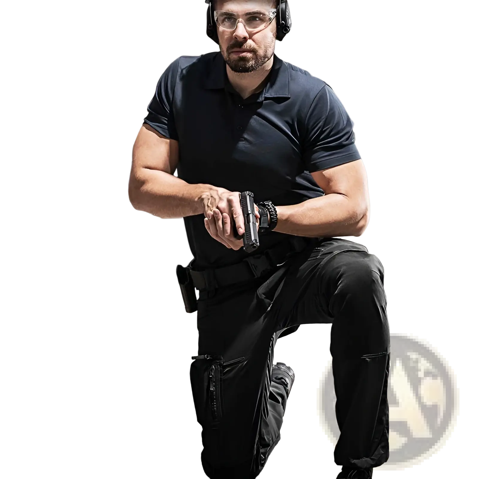 Black tactical pistol with textured grip and matte finish displayed alongside p40 tactical pants men multi pocket military trousers