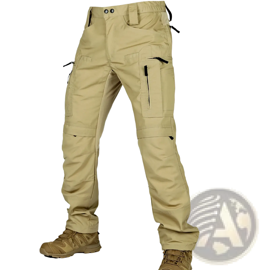 Tan p40 tactical pants with multiple cargo pockets and black zipper pulls designed for military use
