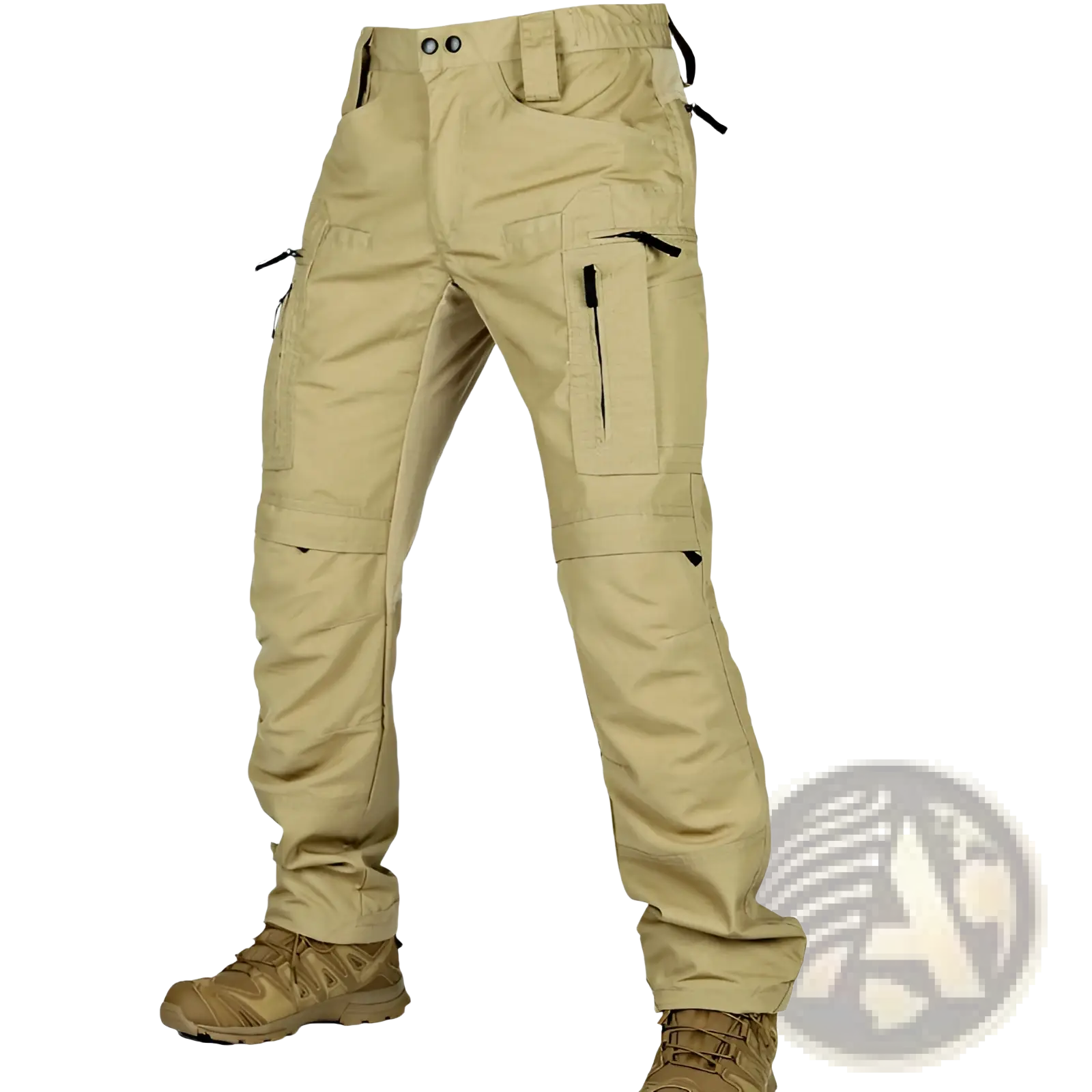 Tan p40 tactical pants with multiple cargo pockets and black zipper pulls designed for military use
