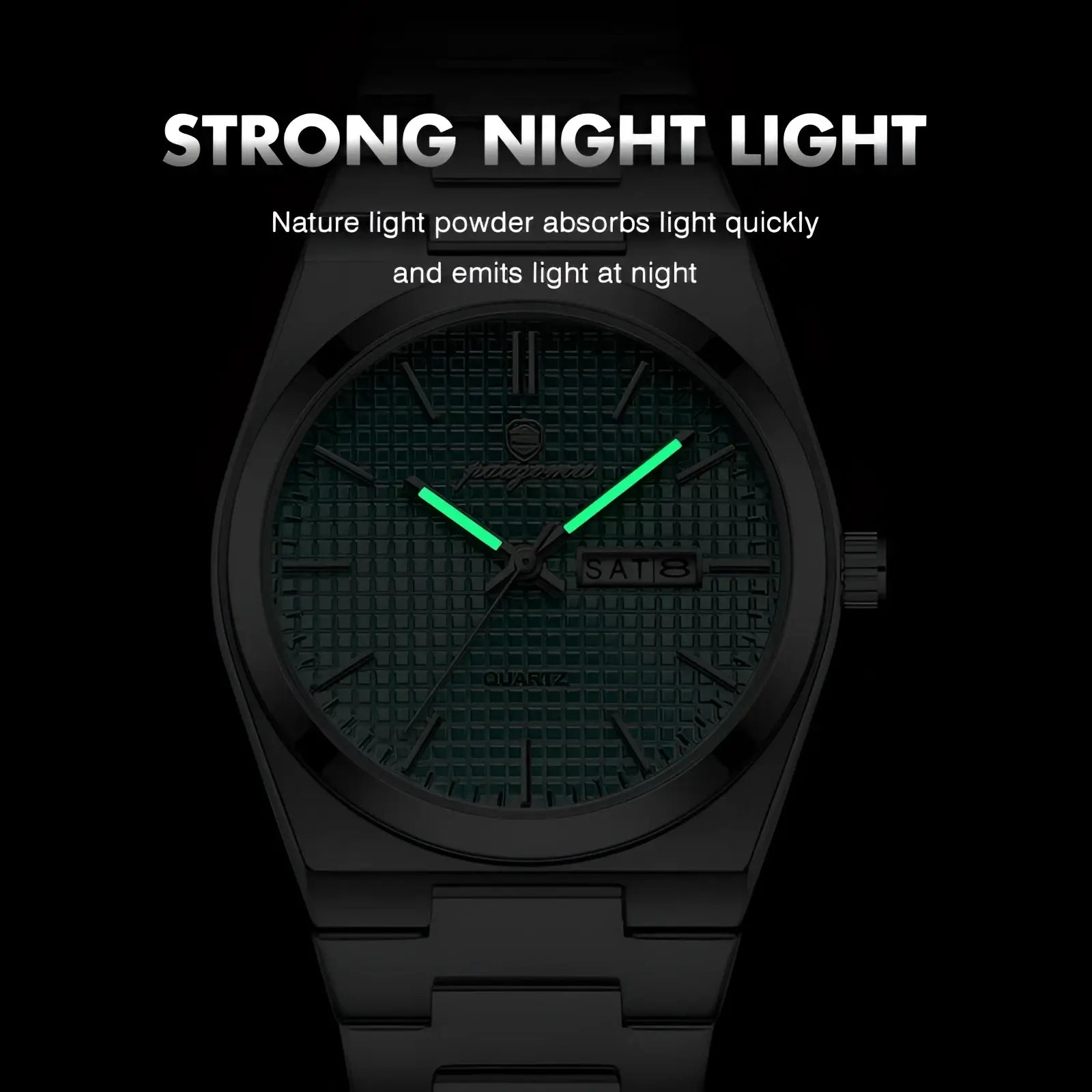 Paazomu luxury chronograph watch with black quartz case, textured green dial, luminous green hands, and date window