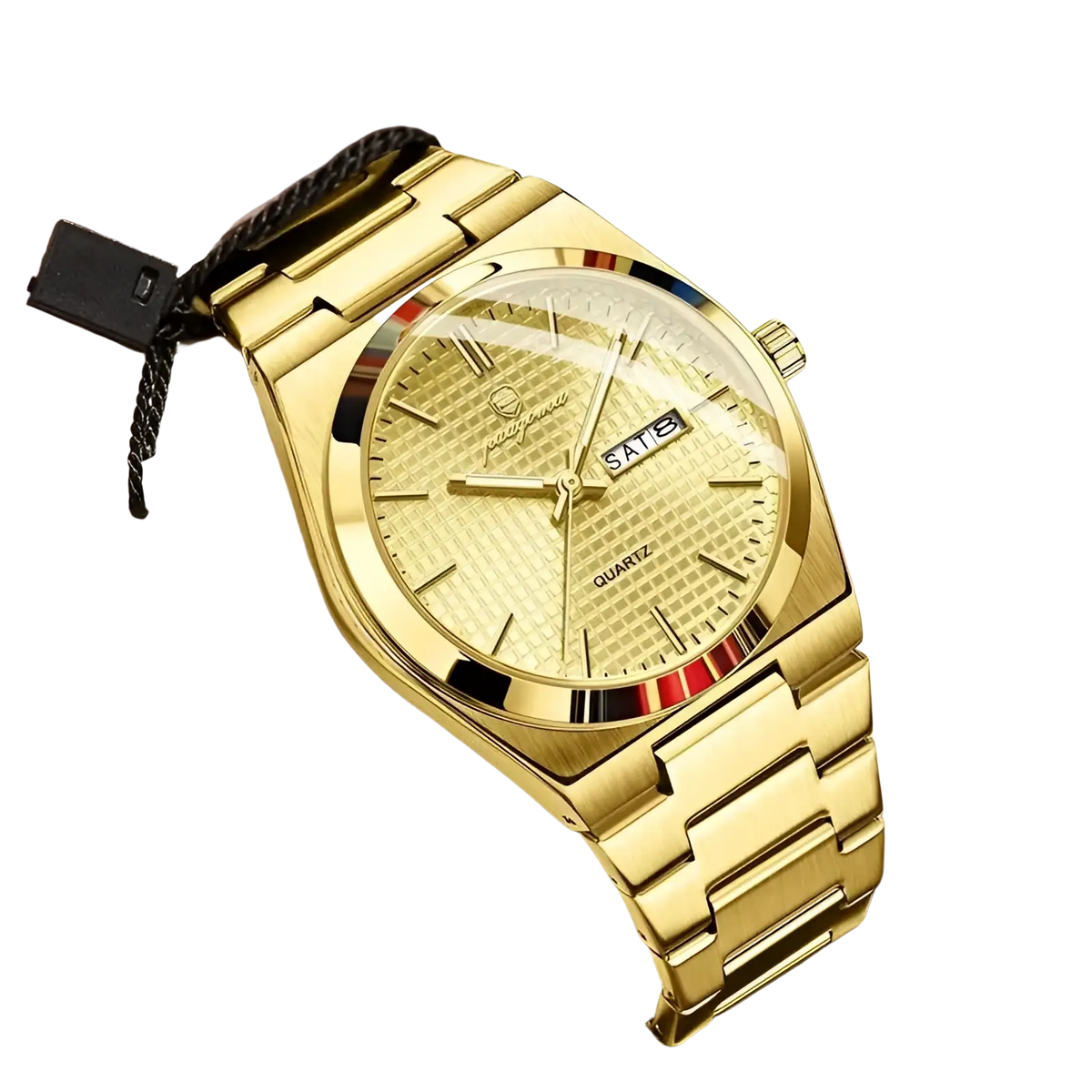 Paazomu luxury chronograph watch in gold-tone stainless steel with textured dial date display and red black accent ring