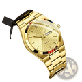 Paazomu luxury chronograph watch in gold-tone stainless steel with textured dial date display and red black accent ring