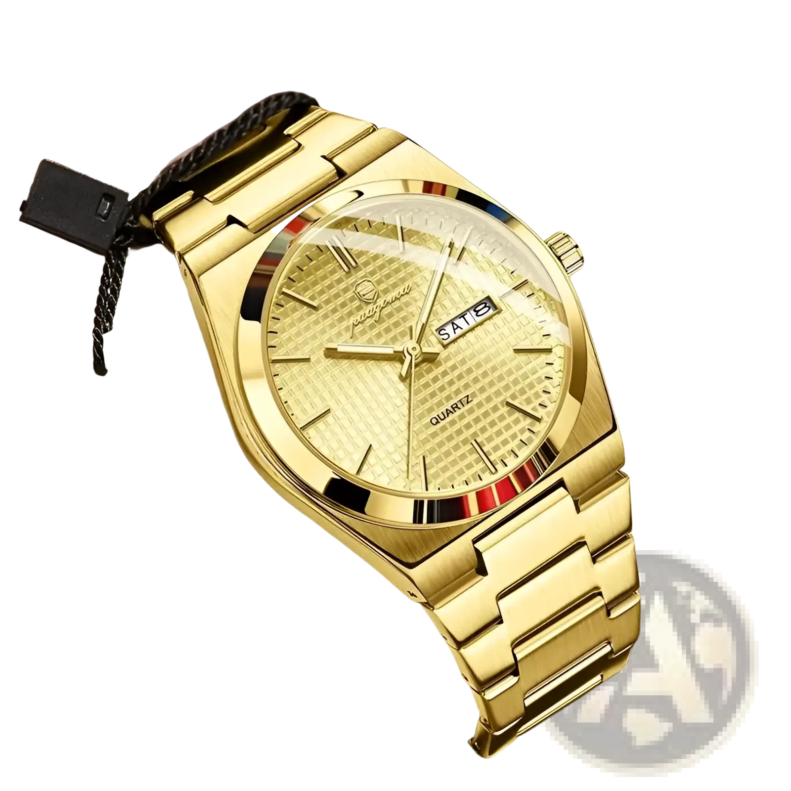 Paazomu luxury chronograph watch in gold-tone stainless steel with textured dial date display and red black accent ring