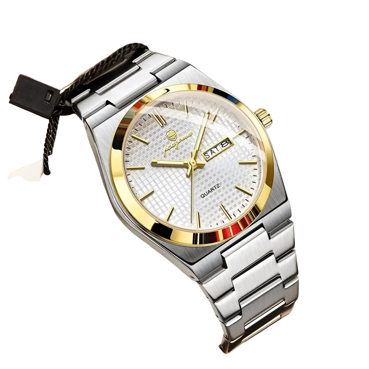 Paazomu luxury chronograph mens quartz watch in silver and gold-tone stainless steel with textured dial and colorful bezel stripe