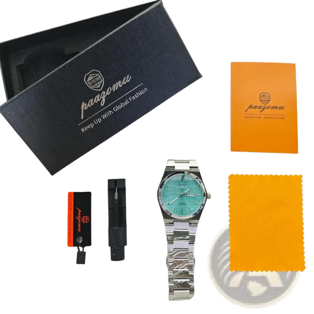Paazomu luxury chronograph watch featuring a silver-toned stainless steel case and turquoise textured dial