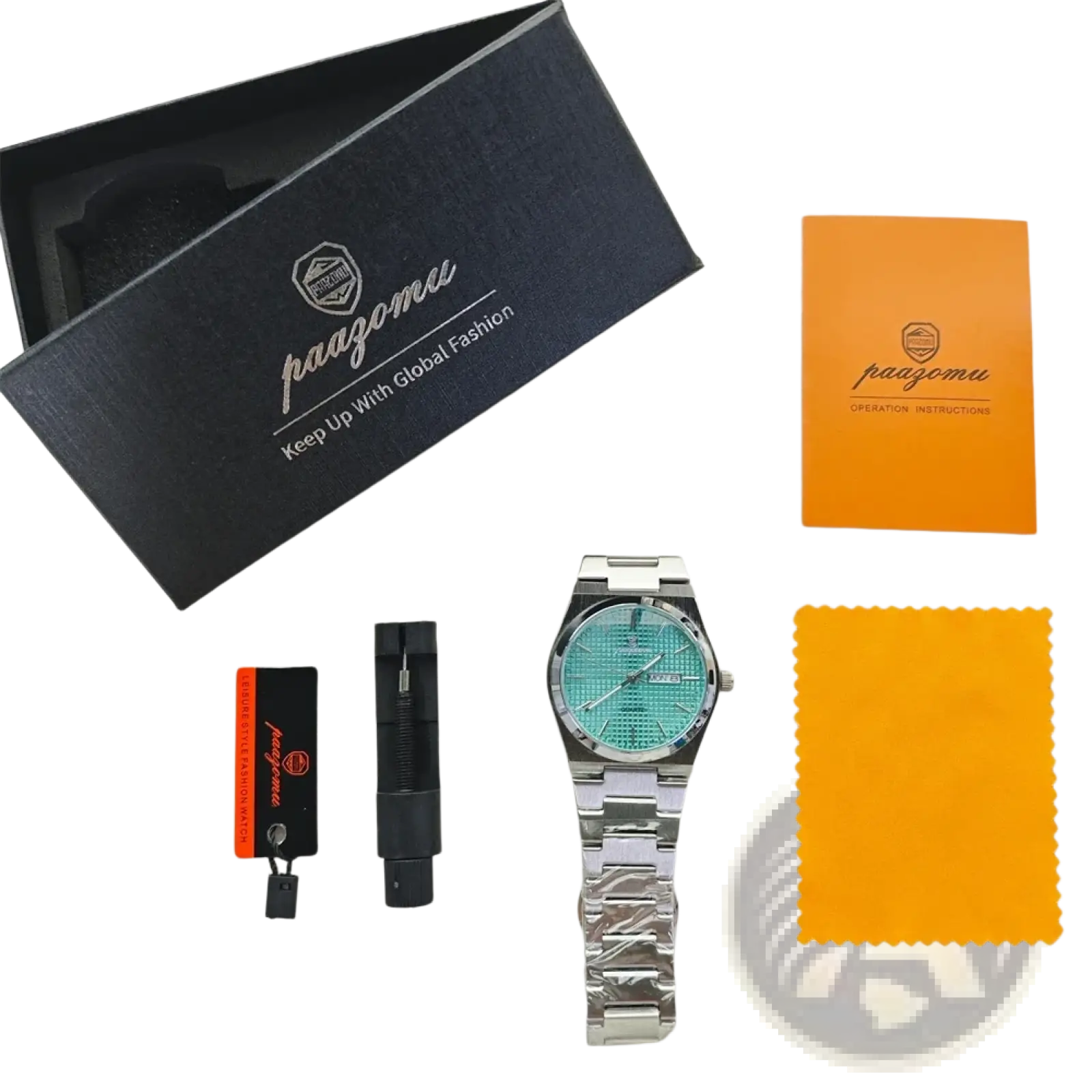 Paazomu luxury chronograph watch featuring a silver-toned stainless steel case and turquoise textured dial