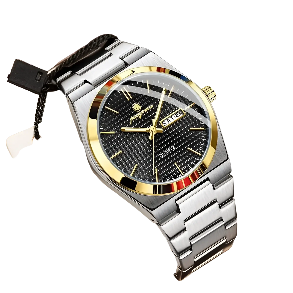 Paazomu luxury chronograph watch silver-toned stainless steel with black textured dial gold-tone bezel and date display window