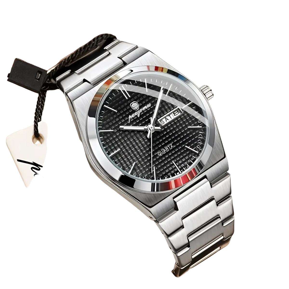 Paazomu luxury chronograph watch silver stainless steel with black textured dial and rainbow bezel accent for men