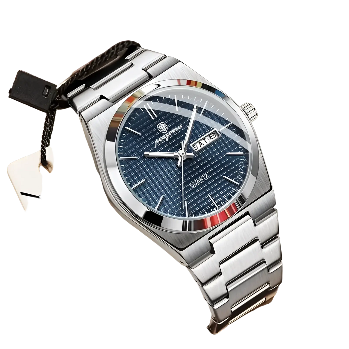 Paazomu luxury chronograph watch silver-toned stainless steel with blue textured dial date display and rainbow accent ring