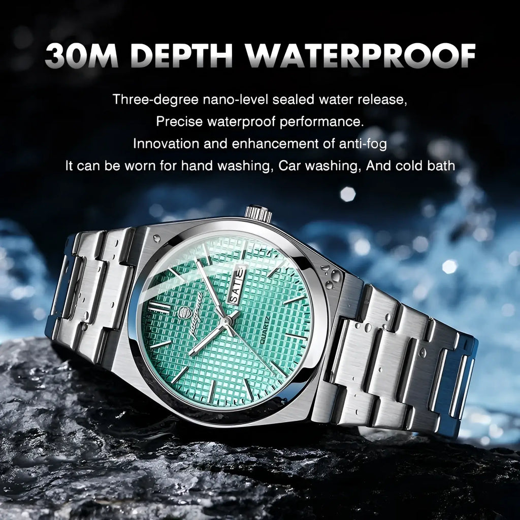 Paazomu luxury chronograph watch with silver-toned stainless steel case, textured green dial, and date display