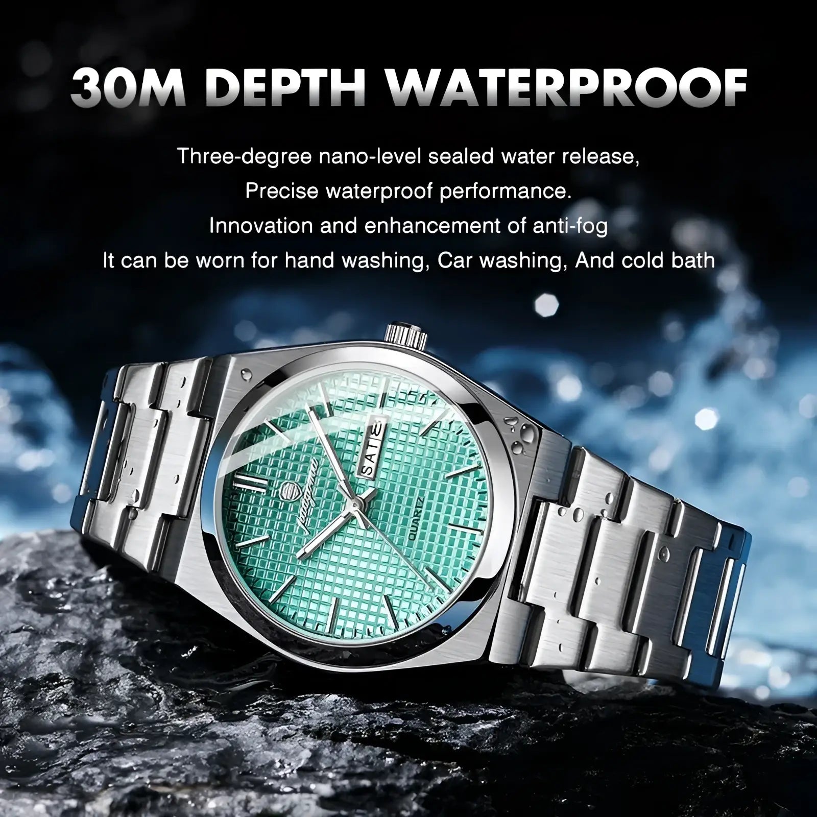 Paazomu luxury chronograph watch with silver-toned stainless steel case, textured green dial, and date display