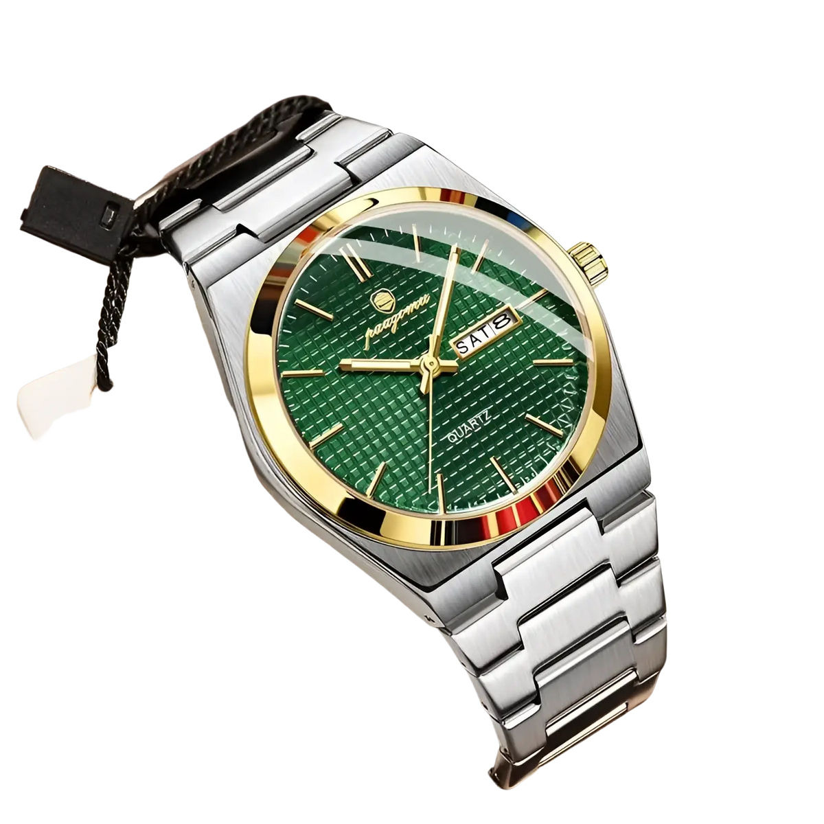 Paazomu luxury chronograph watch with silver stainless steel case green textured dial and gold-tone markers