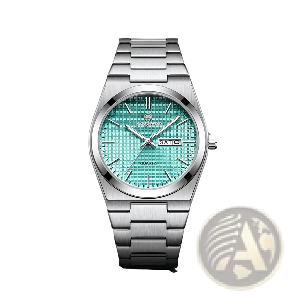 Paazomu luxury chronograph watch with a silver-toned quartz case, textured turquoise dial, date display, and polished metal bracelet