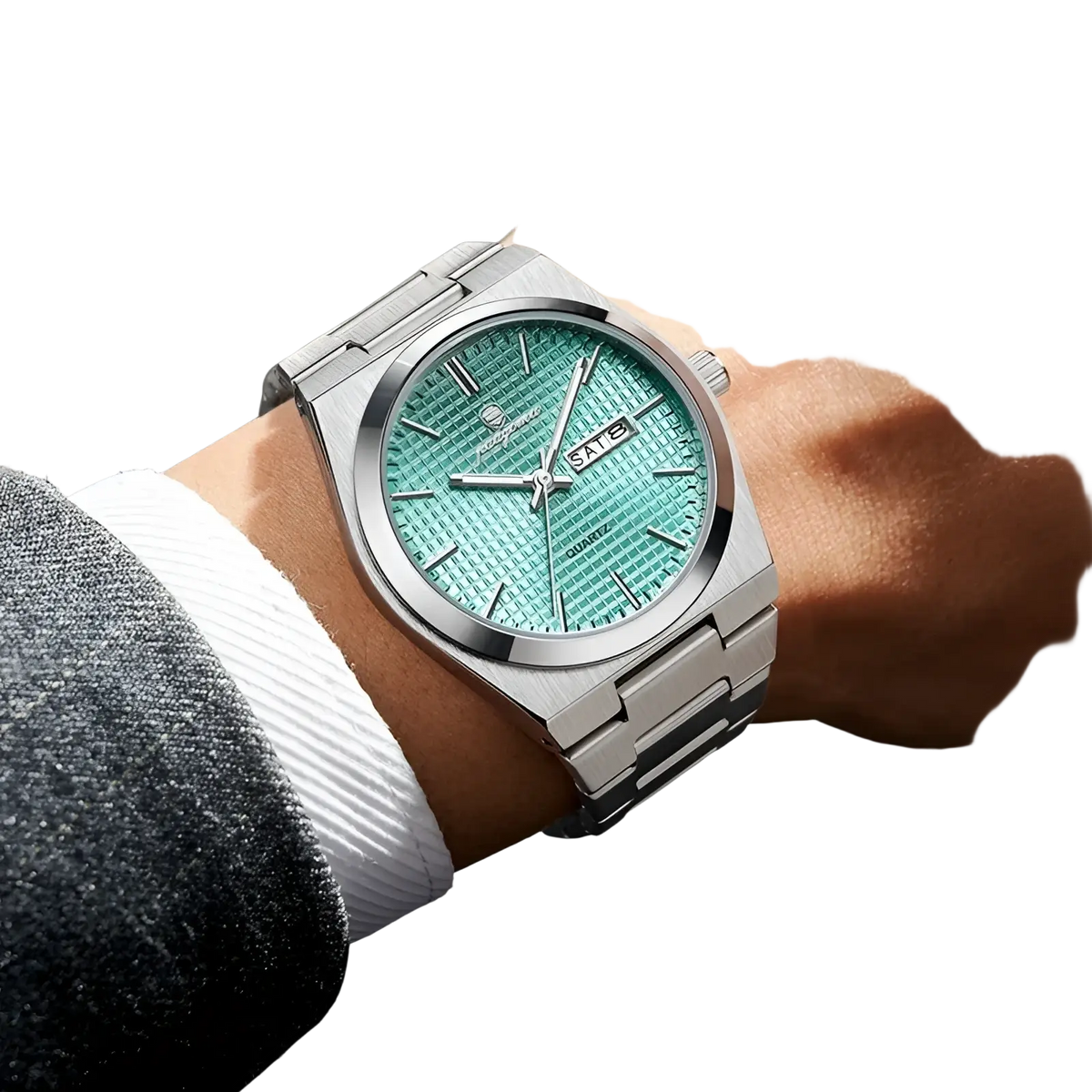 Paazomu luxury chronograph watch with a sleek silver stainless steel case and vibrant green textured dial