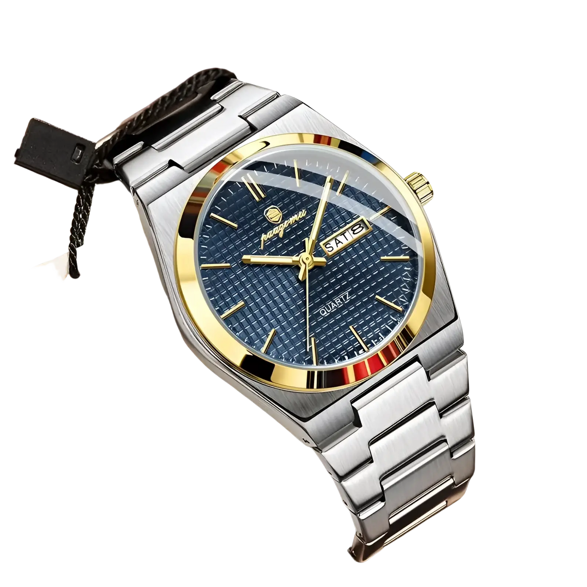 Paazomu luxury chronograph watch with a silver stainless steel case, blue textured dial, gold-tone bezel and date display