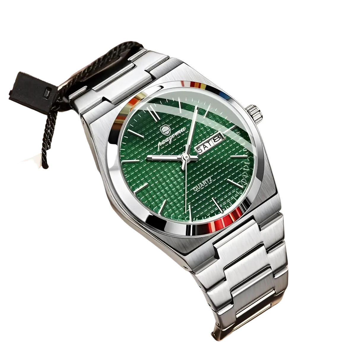 Paazomu luxury chronograph watch with silver stainless steel case, green textured dial, date window, and rainbow bezel accent