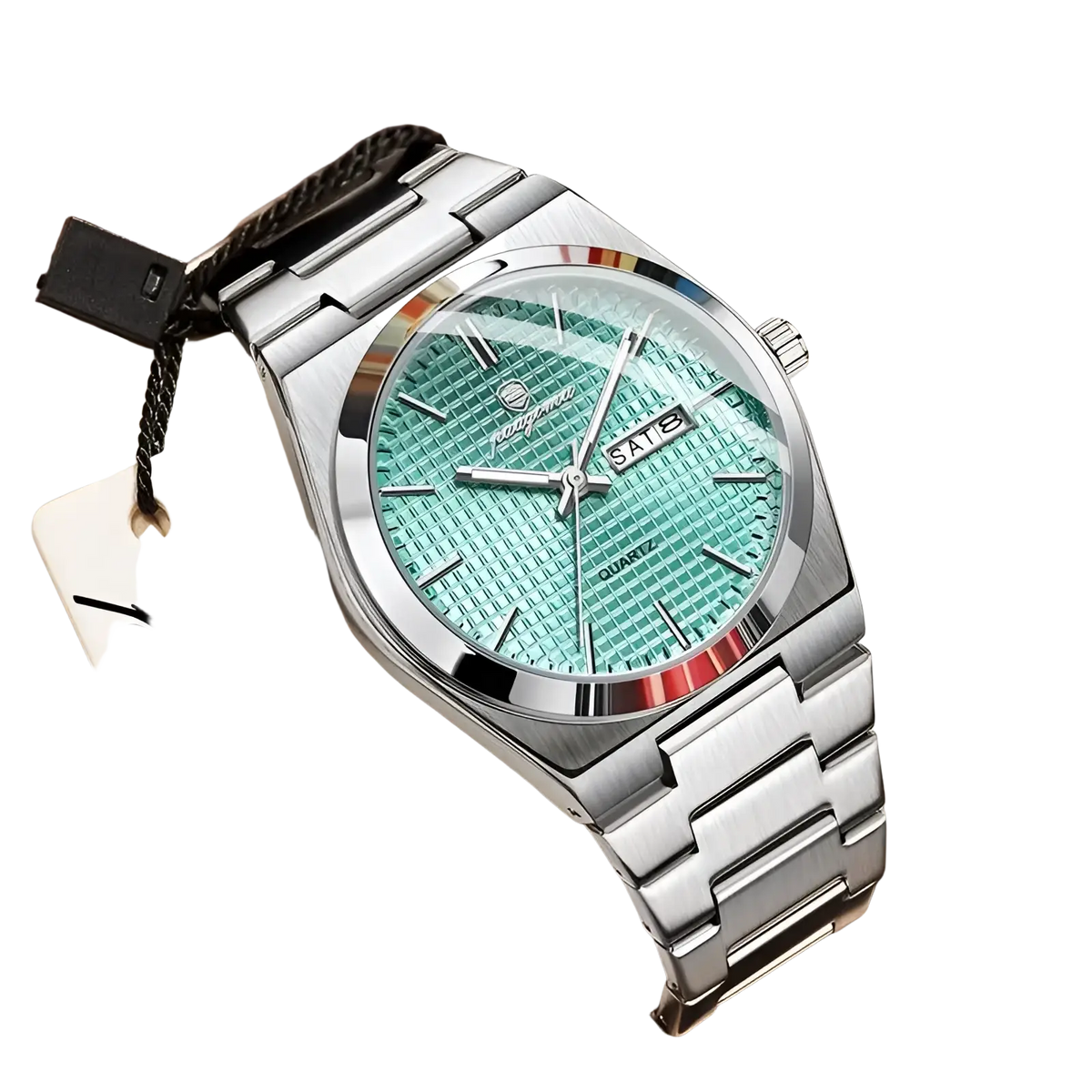 Paazomu luxury chronograph watch with a silver stainless steel case mint green dial and rainbow bezel by pangong