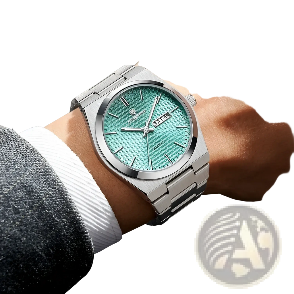 Paazomu luxury chronograph watch with a sleek silver stainless steel case and vibrant green textured dial