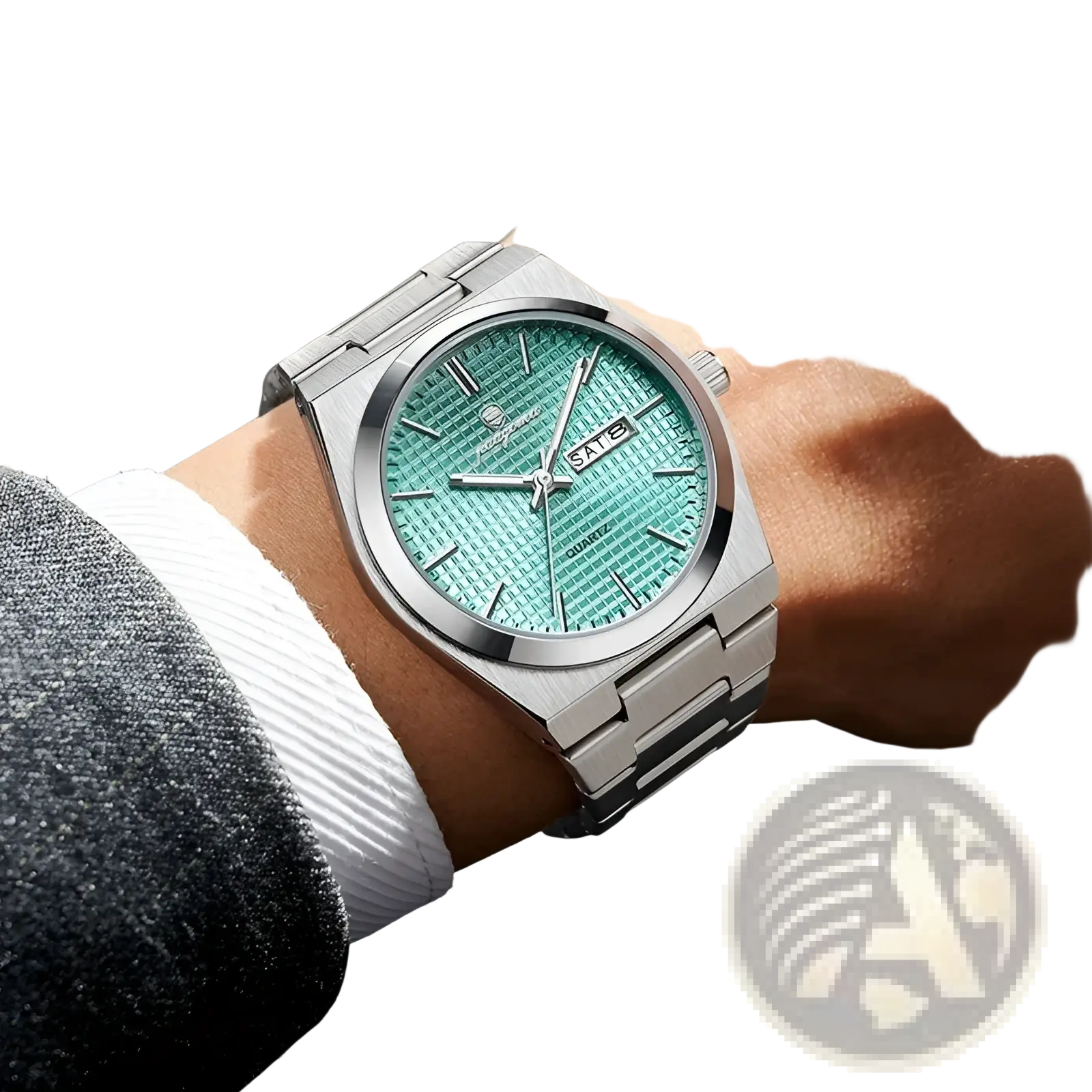 Paazomu luxury chronograph watch with a sleek silver stainless steel case and vibrant green textured dial