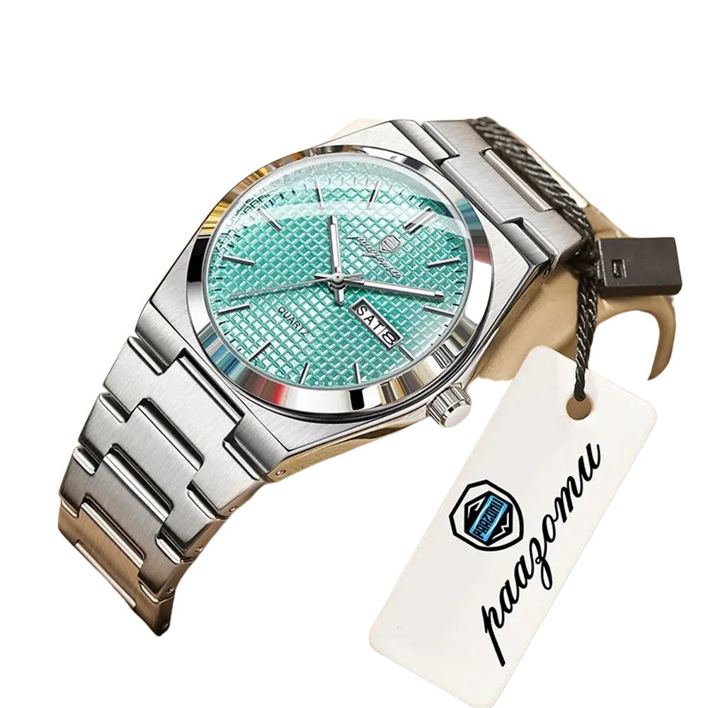 Paazomu luxury chronograph men’s watch with a turquoise textured dial and silver-toned stainless steel bracelet