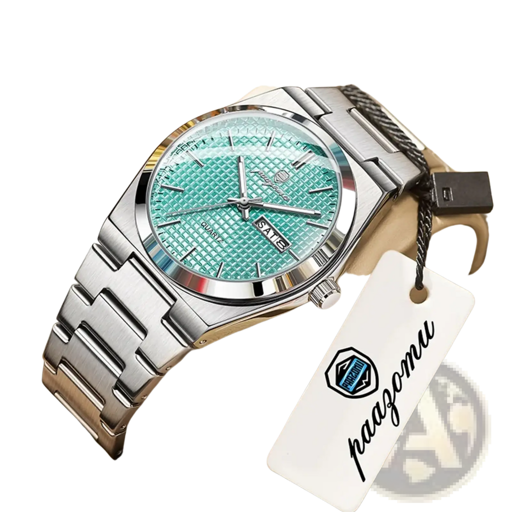 Paazomu luxury chronograph men’s watch with a turquoise textured dial and silver-toned stainless steel bracelet