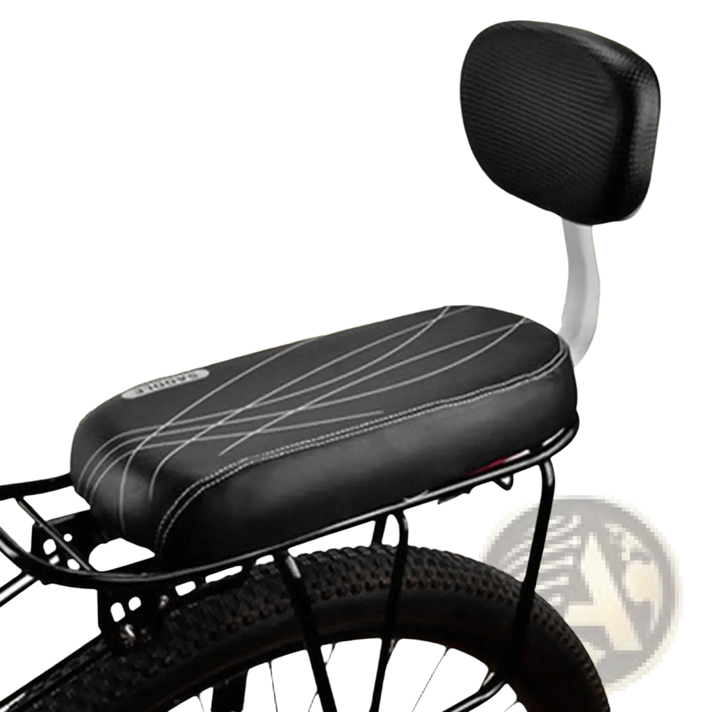 Black padded kids bicycle rear seat with backrest and footrest featuring white stitching and diagonal cushion lines