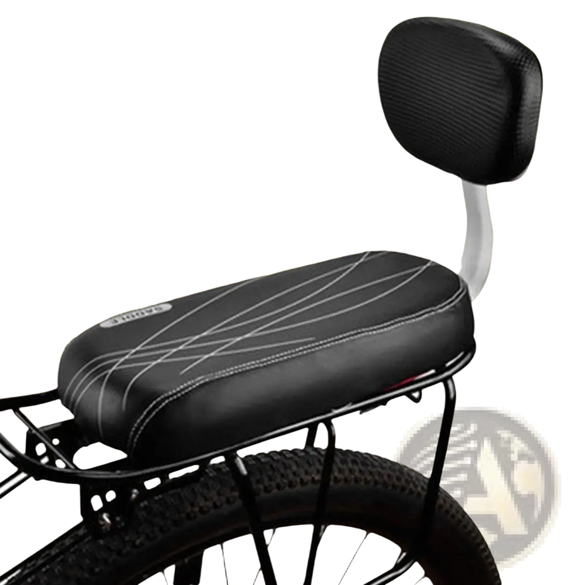 Black padded kids bicycle rear seat with backrest and footrest featuring white stitching and diagonal cushion lines