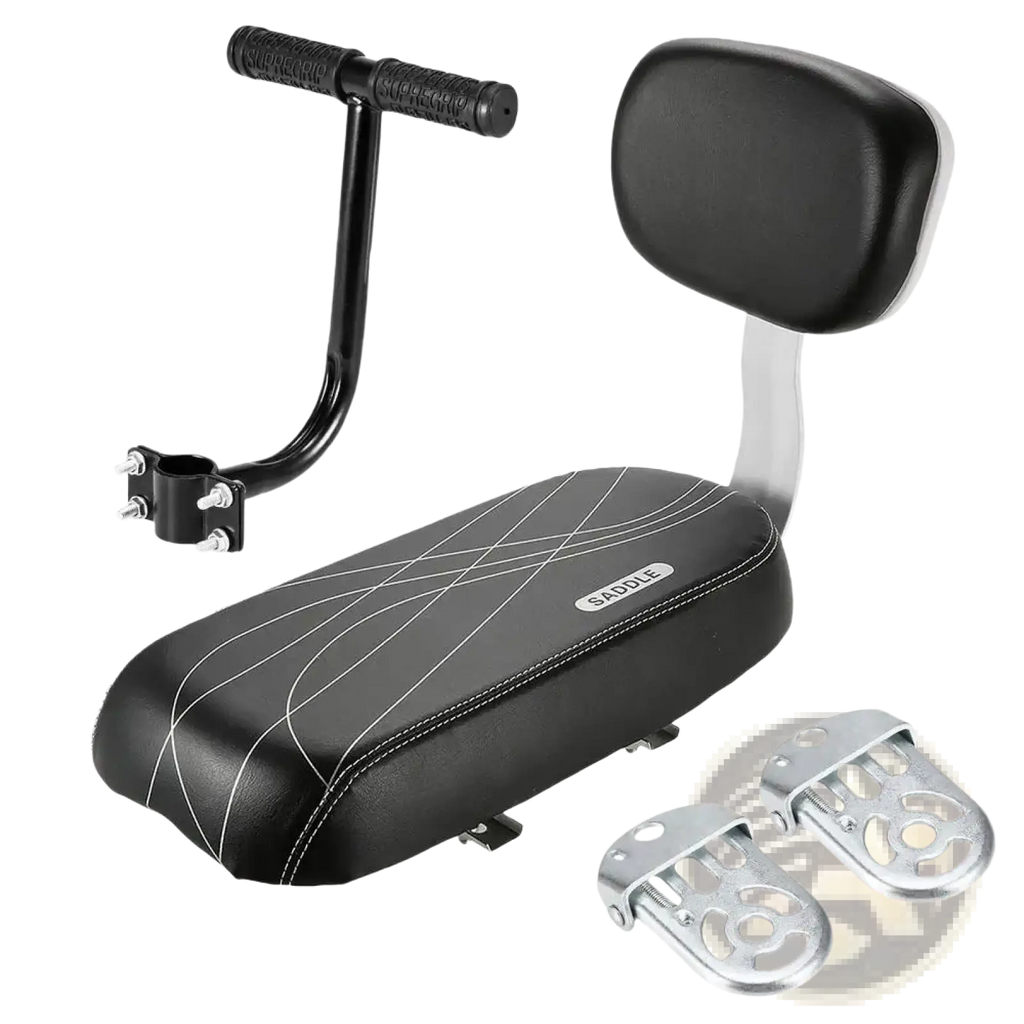 Black padded kids bicycle rear seat with backrest handlebar and white stitched lines on cushioned surface shown from back side