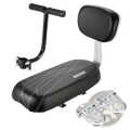 Black padded kids bicycle rear seat with backrest handlebar and white stitched lines on cushioned surface shown from back side