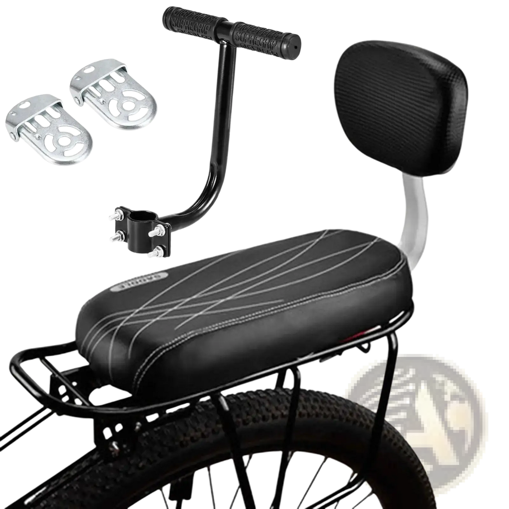 Black padded kids bicycle rear seat with textured backrest, cushioned seat, handlebar, and footrest for safety shown from back side