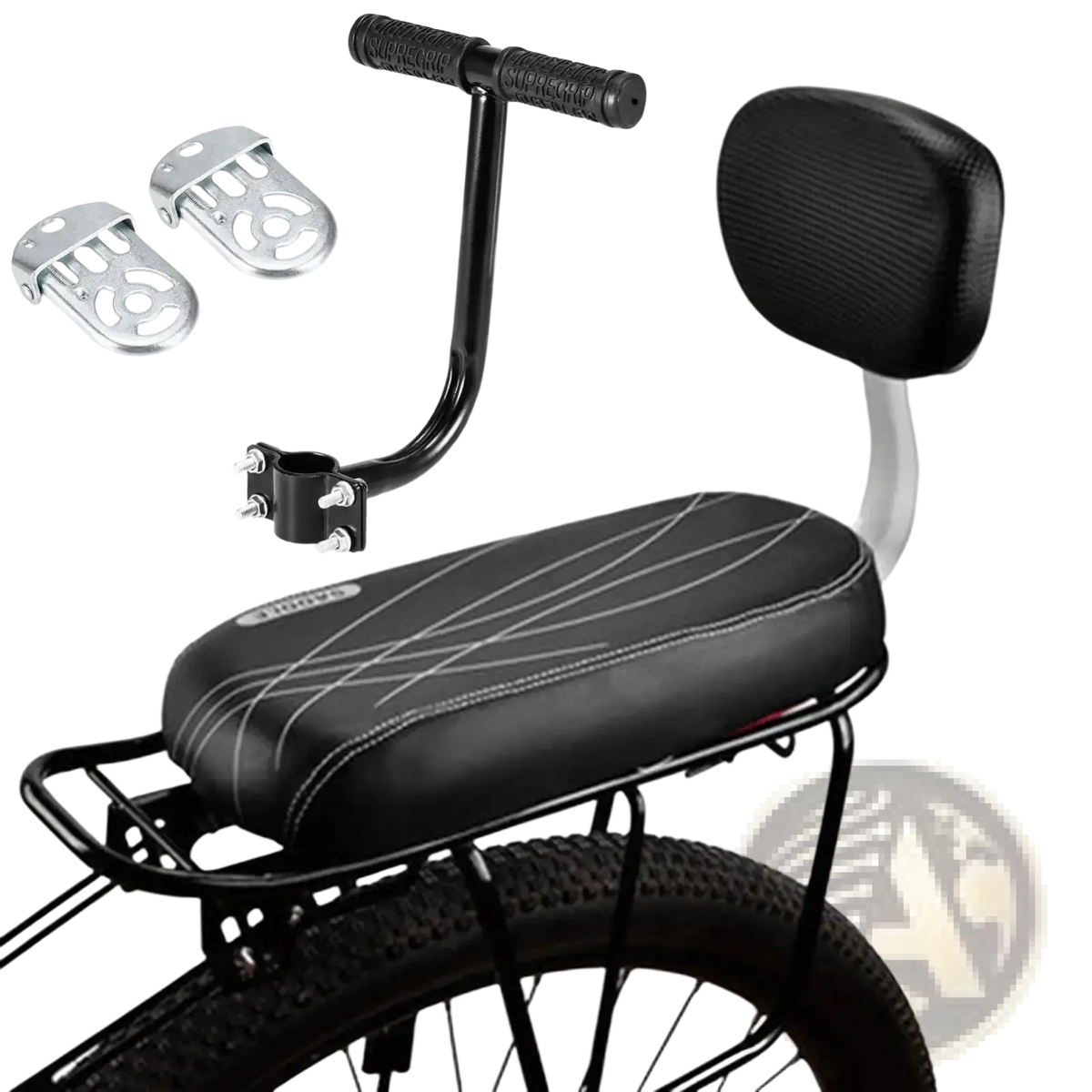 Black padded kids bicycle rear seat with textured backrest, cushioned seat, handlebar, and footrest for safety shown from back side