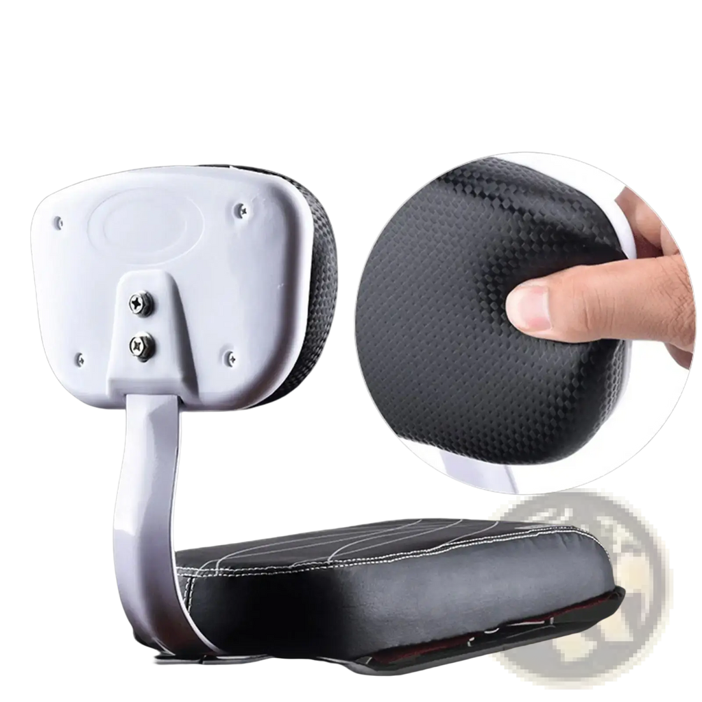 Black leather motorcycle passenger backrest with white plastic frame and carbon fiber textured padding shown from back side