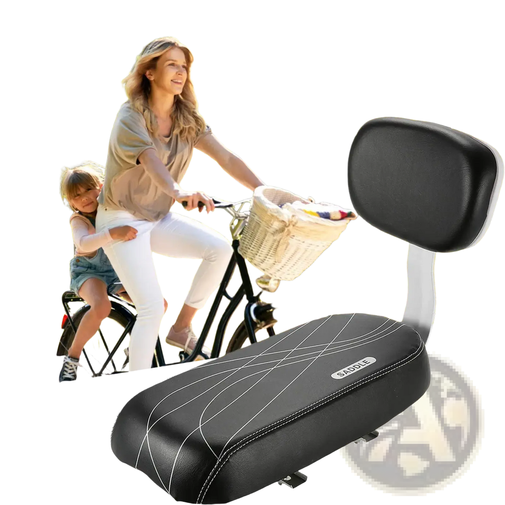 Black leather padded kids bicycle rear seat with white stitching backrest and footrest for comfortable rides