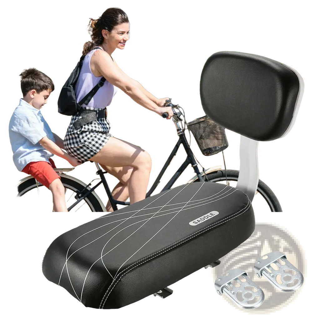 Black leatherette padded kids bicycle rear seat with white stitching, backrest, and silver metal mounting brackets visible