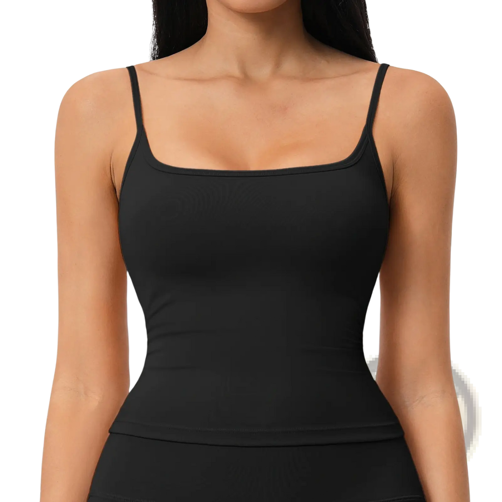Black square-necked padded sports tank top with spaghetti straps designed for quick drying workout activewear