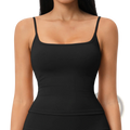 Black square-necked padded sports tank top with spaghetti straps designed for quick drying workout activewear