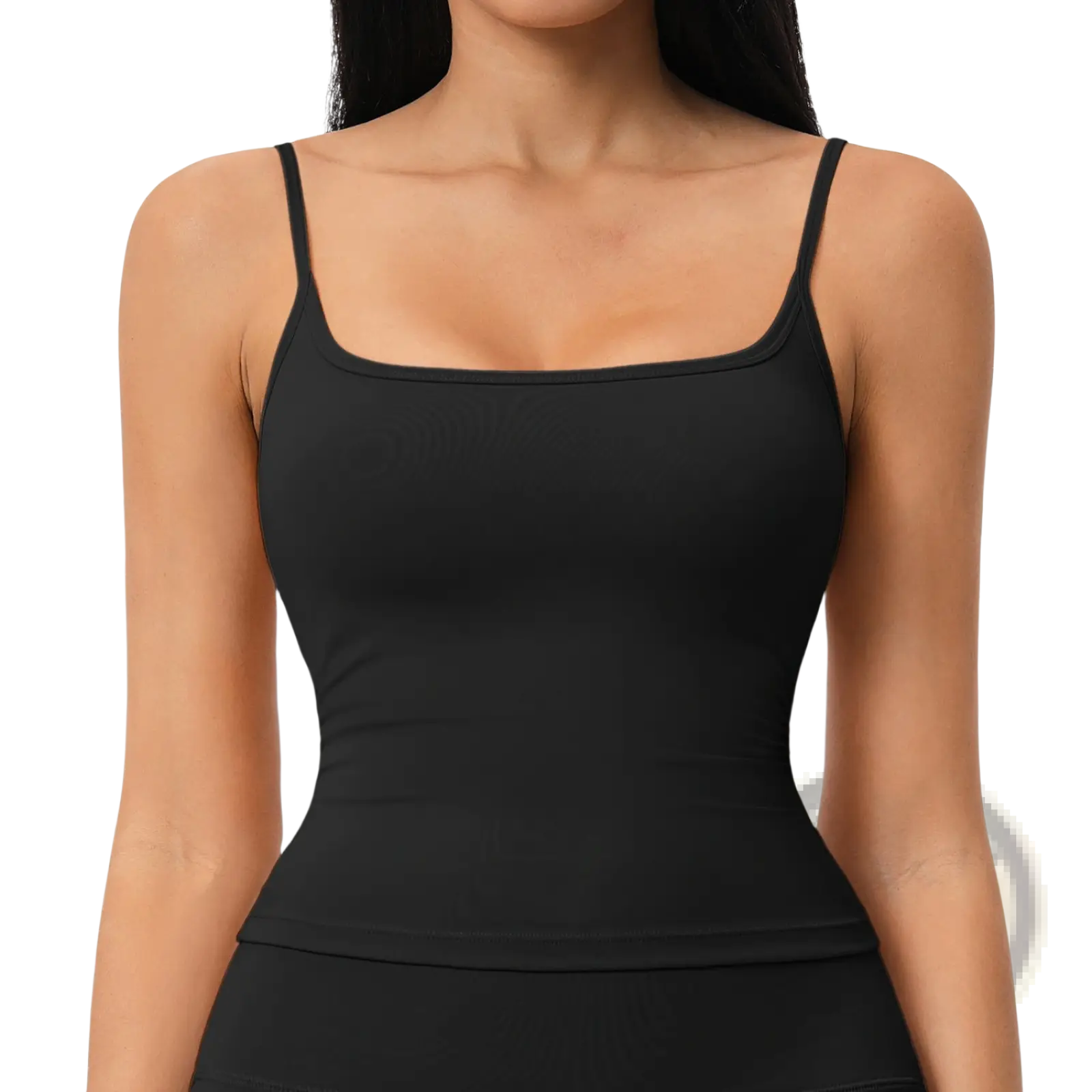 Black square-necked padded sports tank top with spaghetti straps designed for quick drying workout activewear